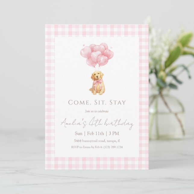 Pink Gingham Golden Retriever Puppy Birthday Einladung (Stehend Vorderseite)