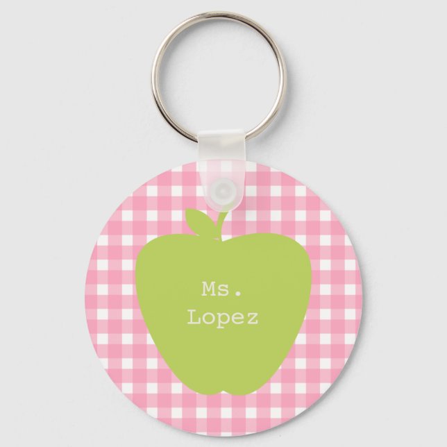 Pink Gingham & Green Apple Teacher Schlüsselanhänger (Vorderseite)