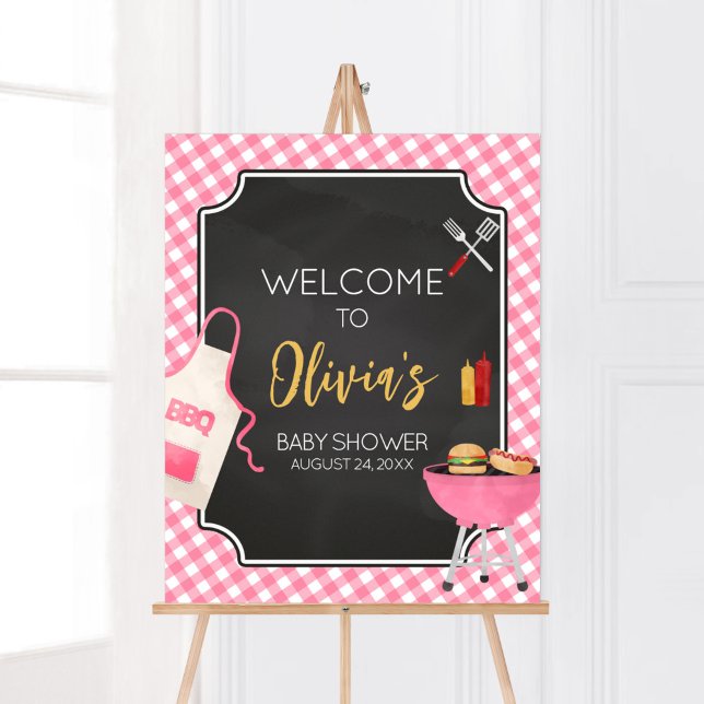 Pink Gingham GRILLEN Baby Dusche Willkommen Poster (Girl Baby-Q Baby Shower Welcome Sign)