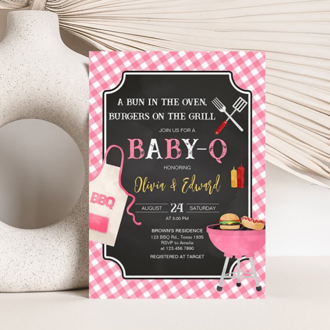 Pink Gingham GRILLEN Baby Shower Einladung (Girl Baby-Q Baby Shower Invitation)