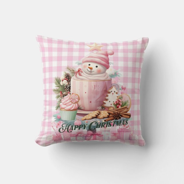 Pink Gingham Happy Christmas Pillow Kissen (Vorderseite)