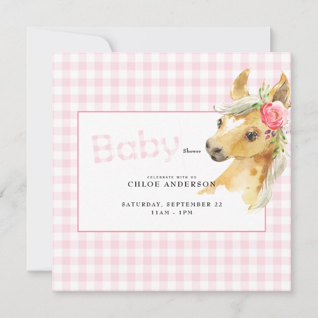 Pink Gingham Horse Baby Showplatz Einladung (Vorderseite)