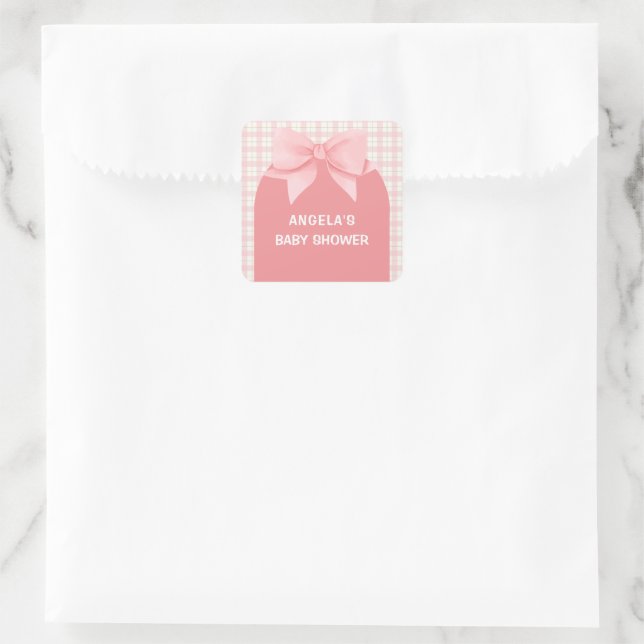 Pink Gingham Kariert Arch Bow Baby Dusche Quadratischer Aufkleber (Tasche)