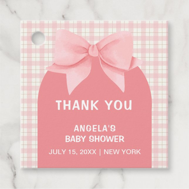 Pink Gingham Kariert Arch Bow Baby Dusche Vielen D Geschenkanhänger (Vorderseite)