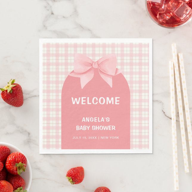 Pink Gingham Kariert Arch Bow Baby Dusche Willkomm Serviette (Beispiel)