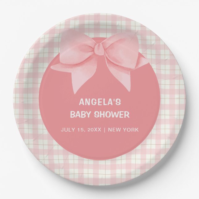 Pink Gingham Kariert Bow Baby Dusche Pappteller (Vorderseite)