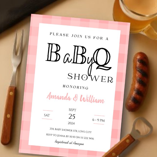 Pink Gingham Kariert GRILLEN Baby Couples Dusche Einladung (Pink Gingham Plaid BBQ Baby Couples Shower Invitation)