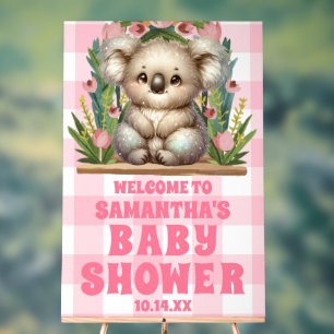 Pink Gingham Kariert Koala Baby Dusche Willkommen Acrylschild