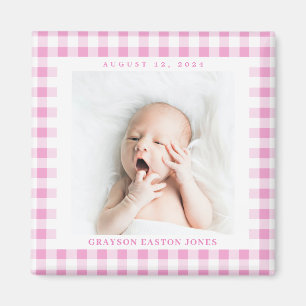 Pink Gingham Karo Baby Birthdate Magnet