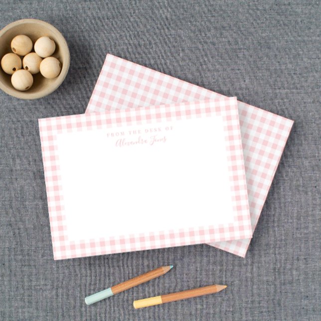 Pink Gingham Karo Personal Stationery Note Card Dankeskarte (Baby blush pink gingham check stationery is a sweet choice for your little girl.)