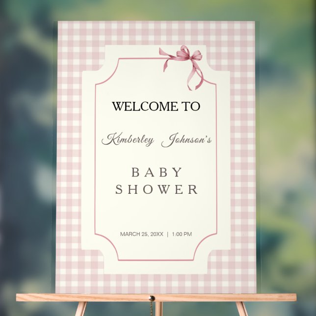 Pink Gingham mit Bow Baby Dusche Acrylschild (Neutral)