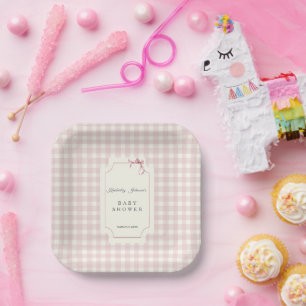 Pink Gingham mit Bow Baby Dusche Pappteller
