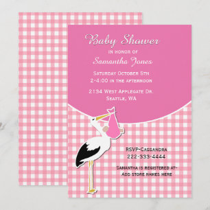 Pink Gingham mit Stork Baby Shower Einladung