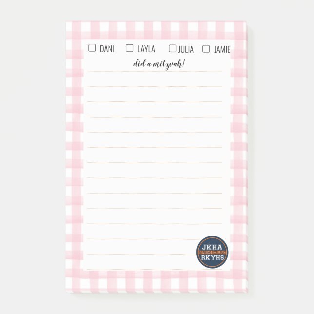 Pink Gingham Mitzvah Note Post-it Klebezettel (Vorderseite)