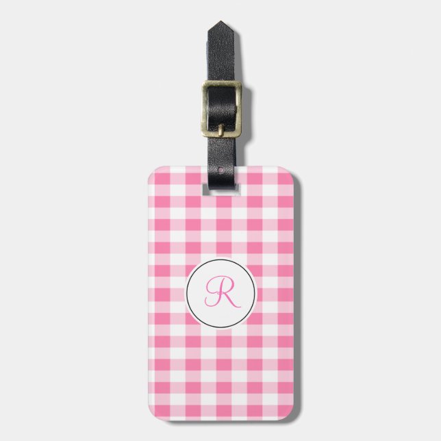 Pink Gingham Monogram Gepäckanhänger (Vorderseite vertikal)