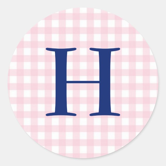 Pink Gingham Monogram Runder Aufkleber (Vorderseite)