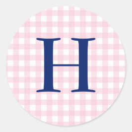 Pink Gingham Monogram Runder Aufkleber