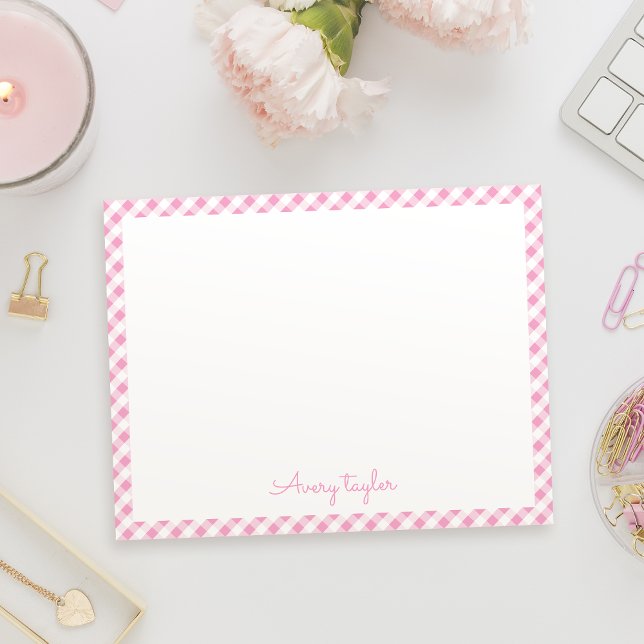 Pink Gingham Muster personalisiert Stationery Mitteilungskarte (Pink gingham pattern personalized Stationery Note Card)