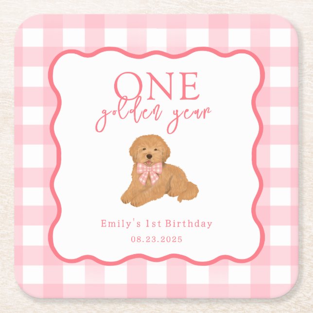 Pink Gingham One Golden Year Girls First Birthday Rechteckiger Pappuntersetzer (Vorderseite)