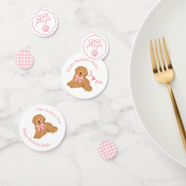 Pink Gingham One Golden Year Puppy Birthday Table Konfetti (Gruppe)