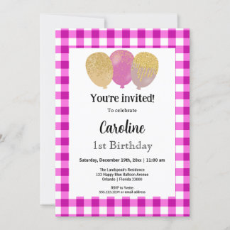 Pink Gingham, Party Balloons 1. Geburtstag Einladung