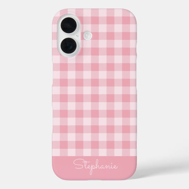 Pink Gingham Pattern Girly Checkered Plaid Name iPhone 16 Hülle (Rückseite)