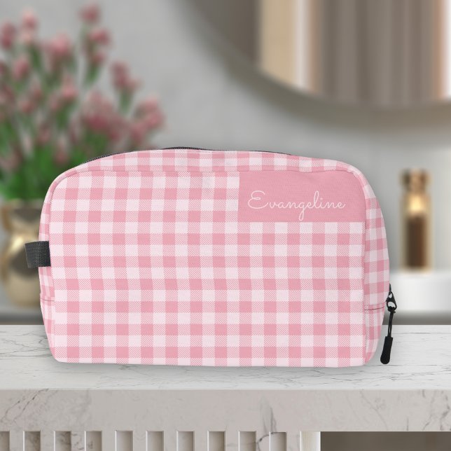 Pink Gingham Pattern Girly Checkered Plaid Name Waschbeutel (Von Creator hochgeladen)