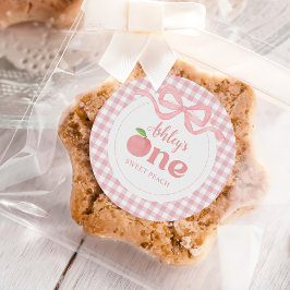 Pink Gingham Peach Erster Geburtstag Runder Aufkleber