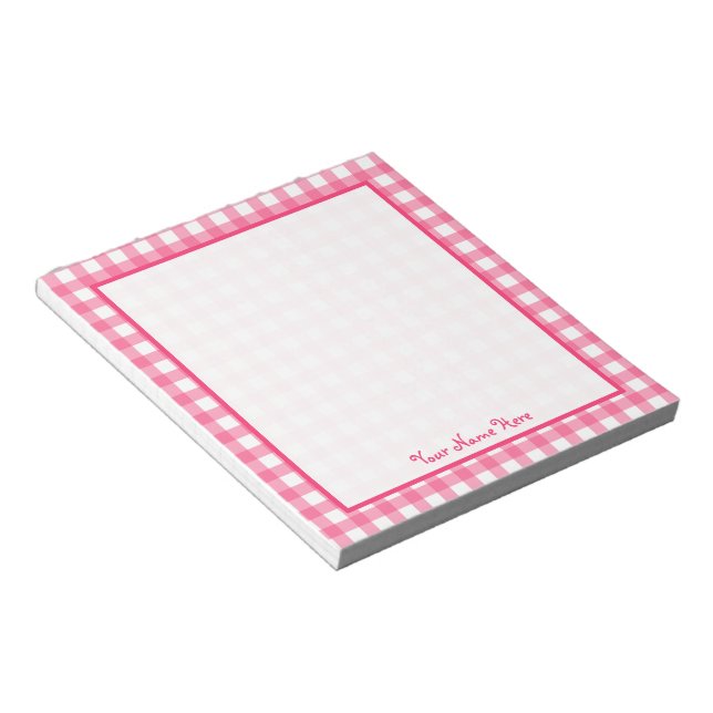 Pink Gingham Personalisiert Notepad Notizblock (angewinkelt)