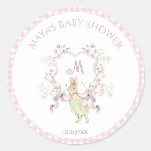 Pink Gingham Peter die Rabbit Monogram Baby Dusche Runder Aufkleber