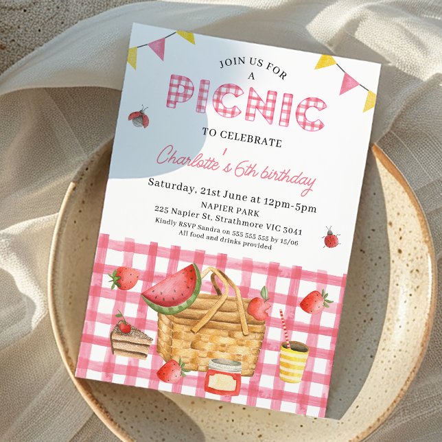Pink Gingham Picnic Basket Picnic Geburtstag Einladung (Girls Pink Gingham Picnic Birthday Invitation, Summer Outdoor Birthday Party Invite, Picnic Basket )