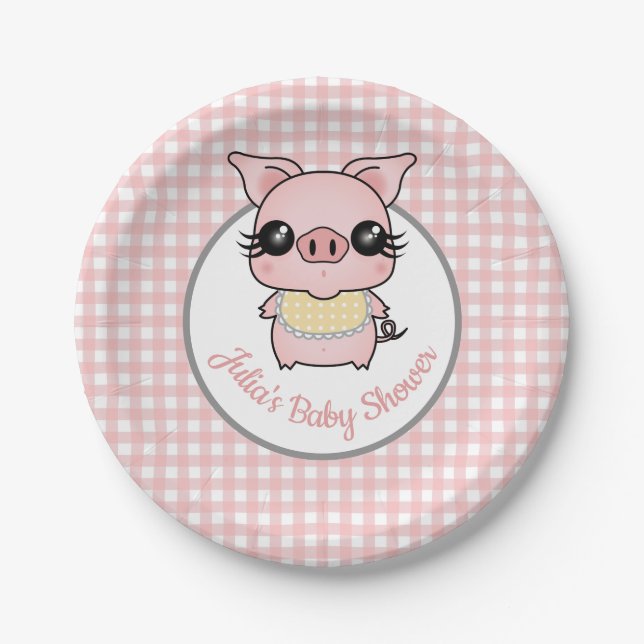 Pink Gingham Piggy Baby Dusche Pappteller (Vorderseite)