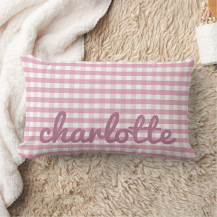 Pink Gingham Pillow mit Name in Script Schriftart Lendenkissen