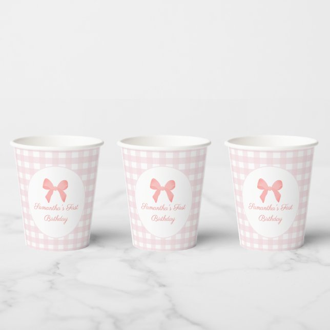 Pink Gingham Pink Bow Birthday Pappbecher (Multi)