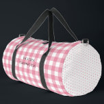 Pink Gingham Polkadot Vintage Personalized Duffle Bag<br><div class="desc">Beautiful pink and white gingham pattern on front and back with pink and white polkadot accent on ends of this duffel bag design. Add your name to personalize for gym or yoga activities. Perfect for the girly girl who loves sweet vintage patterns.</div>