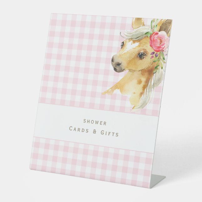 Pink Gingham Pony Baby Showkarten & Geschenke Sockelschild (Vorderseite)