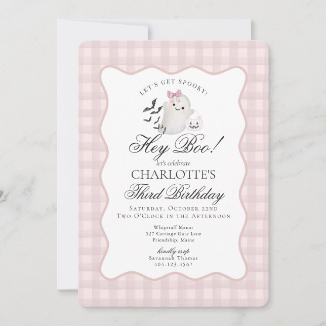 Pink Gingham Preppy Ghost Hey Boo Birthday Einladung (Vorderseite)