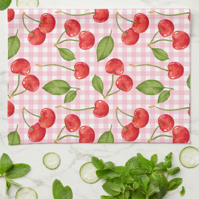 Pink Gingham & Red Cherries Picnic Geschirrtuch (Gefaltet)