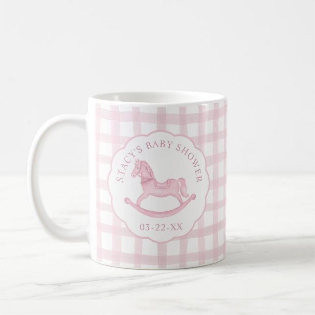Pink Gingham Rocking Horse Baby Dusche Tasse Kaffe (Links)