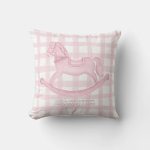 Pink Gingham Rocking Horse Baby Girl Birth Pillow Kissen