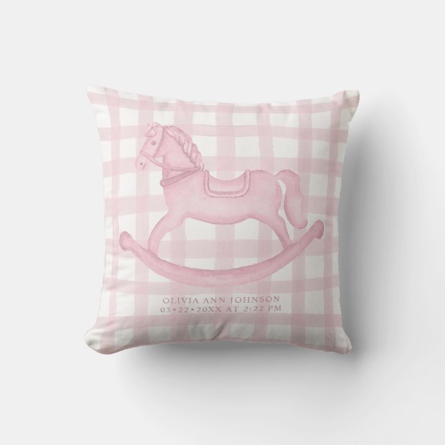 Pink Gingham Rocking Horse Baby Girl Birth Pillow Kissen (Vorderseite)