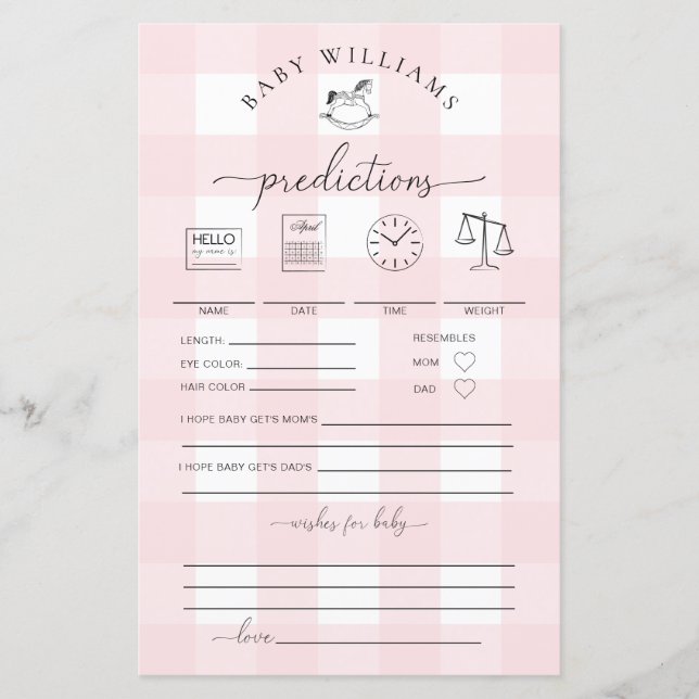 Pink Gingham Rocking Horse Baby Predictions Game (Vorderseite)