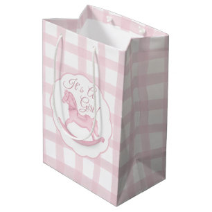 Pink Gingham Rocking Horse Girl Baby Geschenktasch Mittlere Geschenktüte
