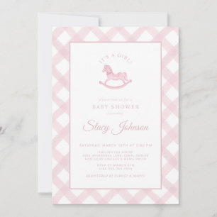 Pink Gingham Rocking Horse Girl Baby Showeinladung Einladung