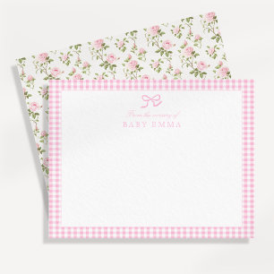 Pink Gingham & Rosen Floral Baby Note Card Einladung