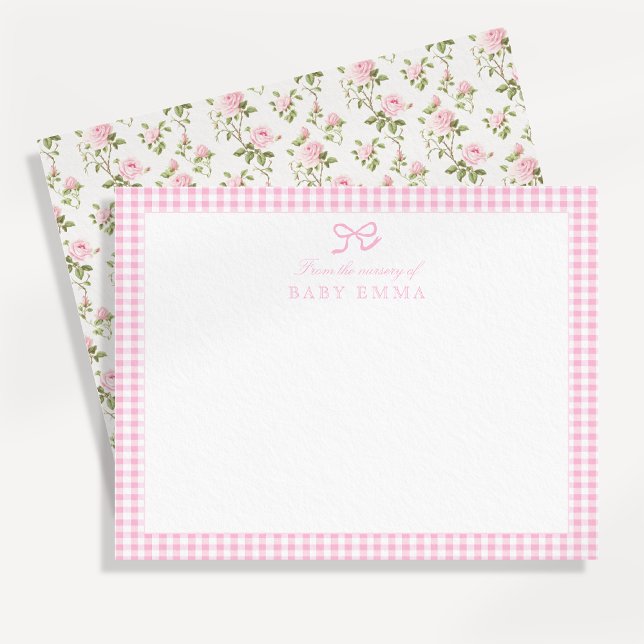 Pink Gingham & Rosen Floral Baby Note Card Einladung (Von Creator hochgeladen)