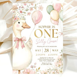 Pink Gingham Silly Goose 1st Birthday Invitation  Einladung