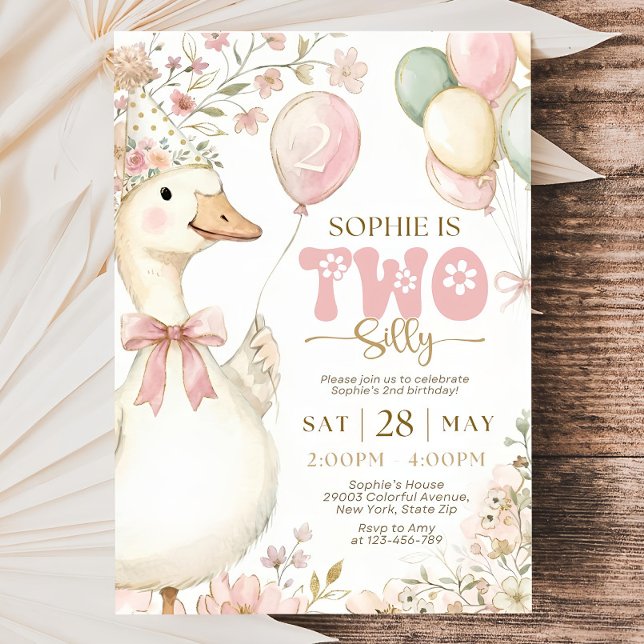 Pink Gingham Silly Goose 2nd Birthday Invitation  (Créateur téléchargé)