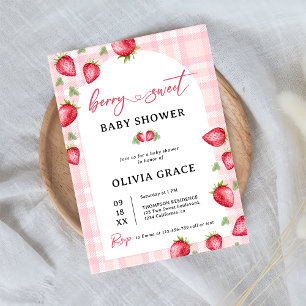 Pink Gingham Strawberry Baby Dusche Party Einladung