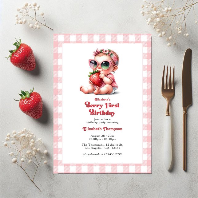 Pink Gingham & Strawberry Berry 1. Geburtstag Part Einladung (Pink Gingham & Strawberry Berry 1st Birthday Party Invitation)